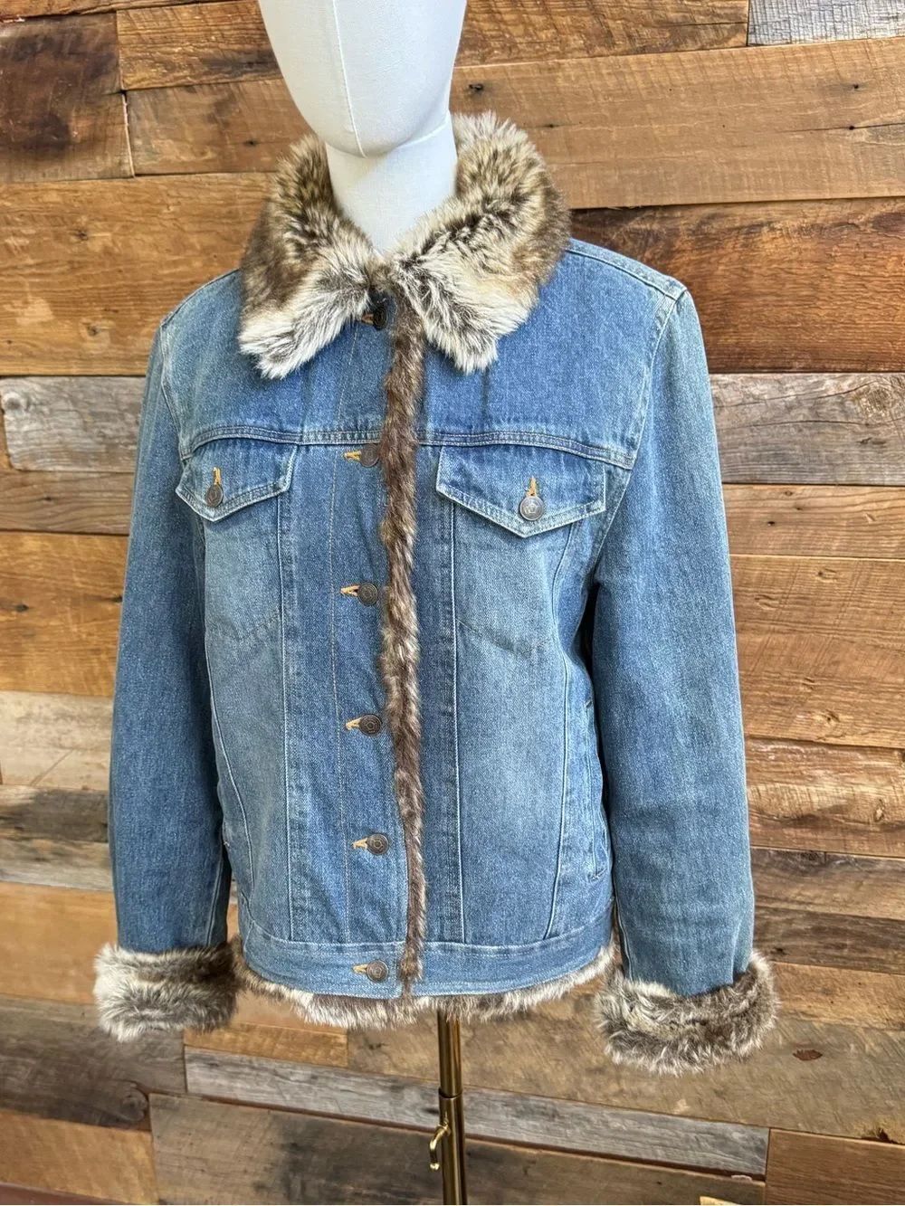 Fabio Faux Fur Trim Denim Trucker Jacket Medium Jean Boho Southwest Coat Lined